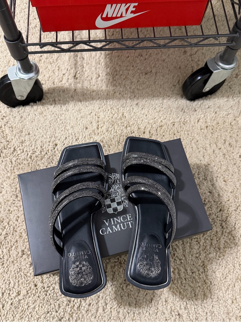 Vince Camuto Black Embellished Strappy Slide Sandals
